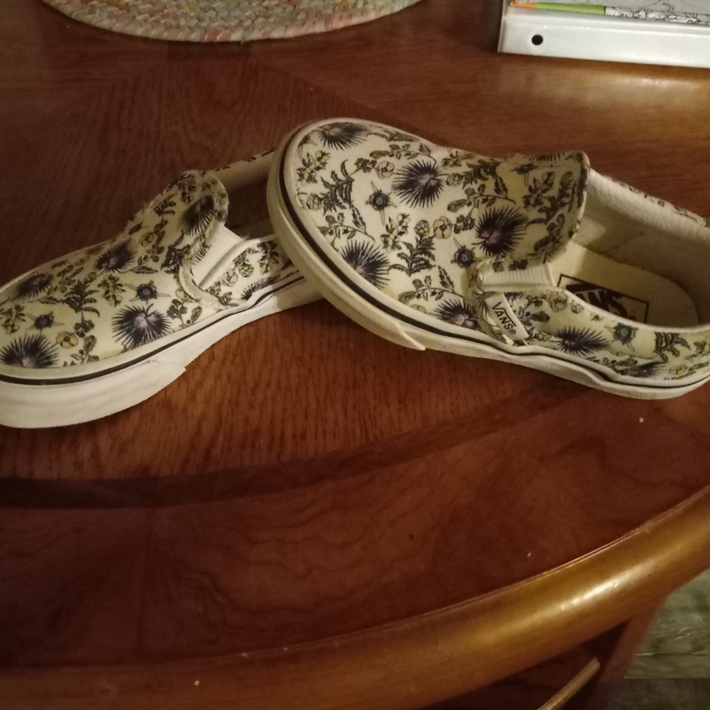 Vans Cream and Purple Floral Slip-Ons